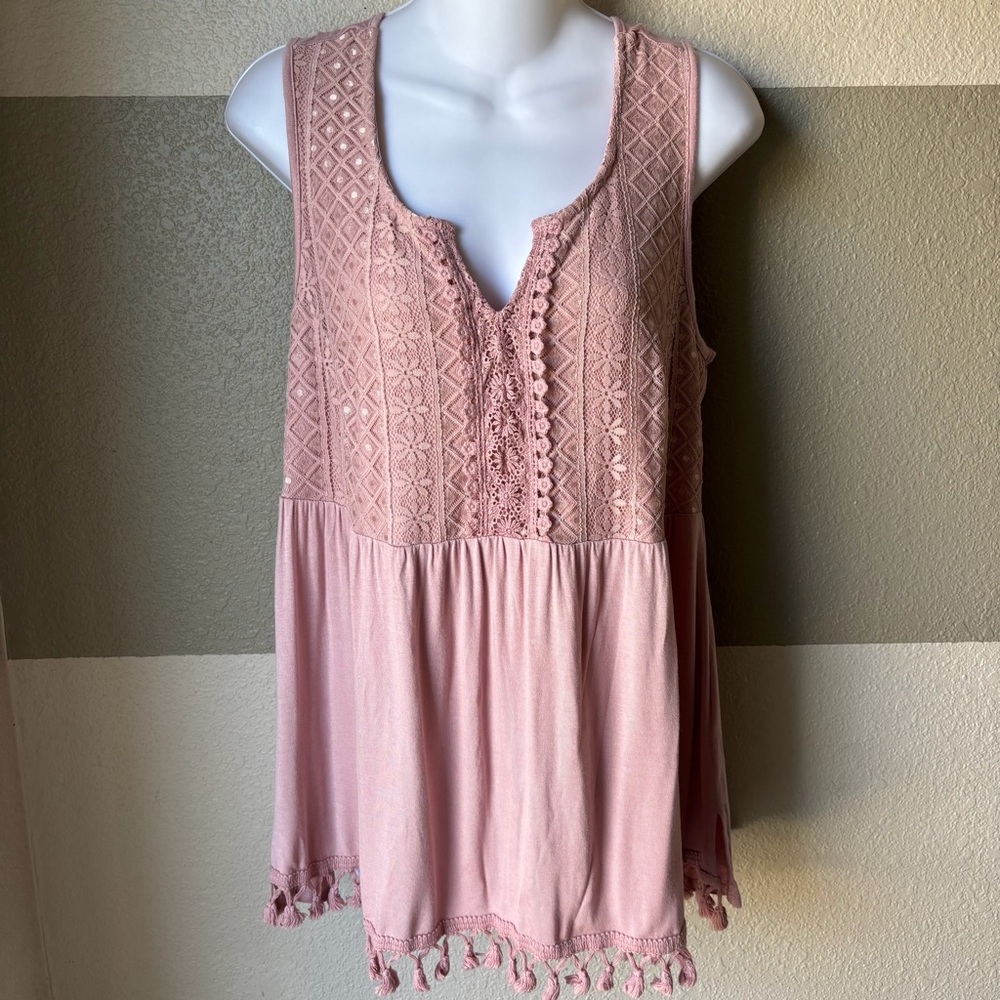 Unity World Wear Women’s Medium Mauve Pink Tank Top Lace Fringe Babydoll Flowy